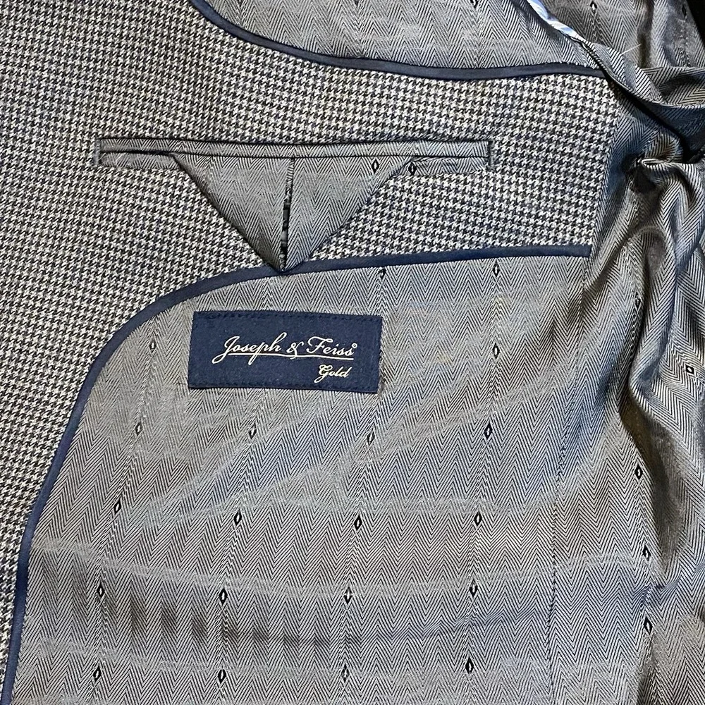 Joseph Feiss‎ Mens Sport Coat 44R Houndstooth Wool Blazer Gray Grandpa Aesthetic